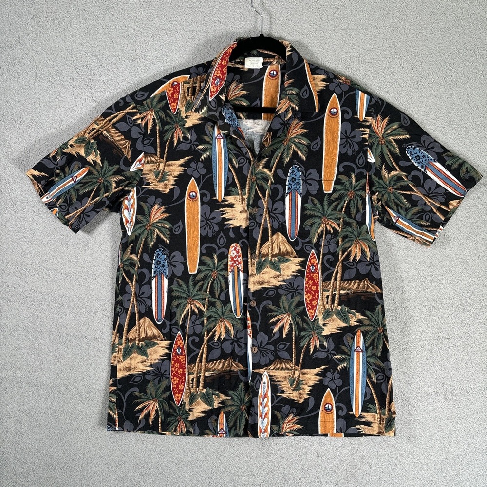 Aloha Republic Mens XL Hawaiian Shirt Black Surfboard Palm Tree Cotton Hawaii